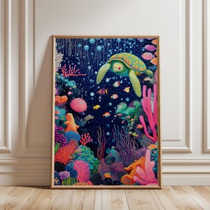 Colorful Ocean Animal Print, Vibrant Fish Underwater Painting, Sea Turtle Poster, Coral Reef Landscape Prints, Marine Life Nursery Posters