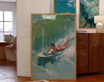 Retro Surfing Wall Art, Beach Surf Funky Prints, Vintage Surfer Poster, Coastal Surfboard Print, Summer Beachy Posters, Swimming Wall Decor