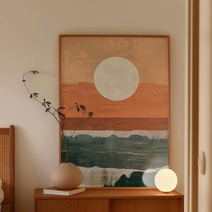 Arte abstracto oceánico japonés, impresión lunar japonesa, pintura de paisaje marino wabi sabi, póster de paisaje sereno minimalista, obra de arte de playa costera