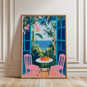 Art côtier estival Matisse, impression vue plage vibrante, peinture océan tropical, affiche plage arbres marins, impression fleur botanique rose éclectique