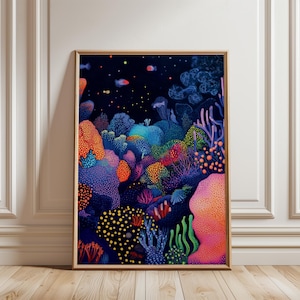 Colorful Coral Dot Print, Vibrant Ocean Reef Art, Underwater Landscape Diver Painting, Sea Animals Prints, Scuba Diving Poster, Dive Posters