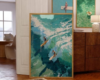 Surf Wall Art Prints, Beach Surfing Poster, Retro Surfer Coastal Print, Vintage Surfboard Posters, Swimming Summer Painting, Beachy Decor