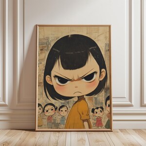 Arte japonés moderno vintage, impresión divertida de niña pequeña, póster de niña femenina, arte de pared infantil moderno, impresión abstracta infantil, pósteres de habitación pop