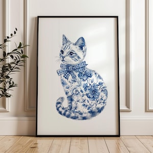 Arte mural para habitación infantil con diseño de gato chinoiserie, estampados de flores azules y blancas, póster floral de porcelana, estampado botánico de animales, pósteres minimalistas de animales.