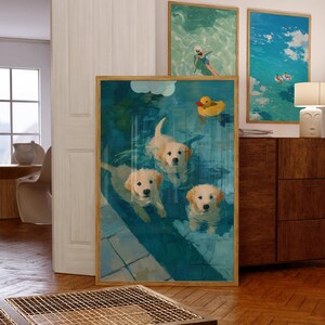 Hund Schwimmbad Kunst, Retro Golden Retriever Druck, Tier Sommer Drucke, Tiere Funky Poster