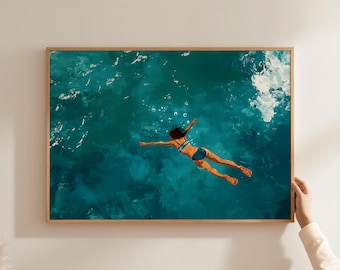 Woman Swimming Print, Retro Coastal Wall Art, Minimalist Beach Painting, Diving Poster for Swimmers, Trendy Swimmer Prints, Beachy Posters