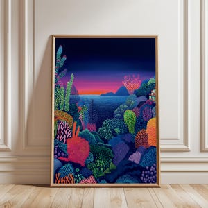 Lebendiges Korallenriff Kunst, Bunter Unterwasser Polka Dot Druck, Ozean Landschaftsmalerei, ruhige Küsten Drucke, Beachy Sommer Tropisches Poster