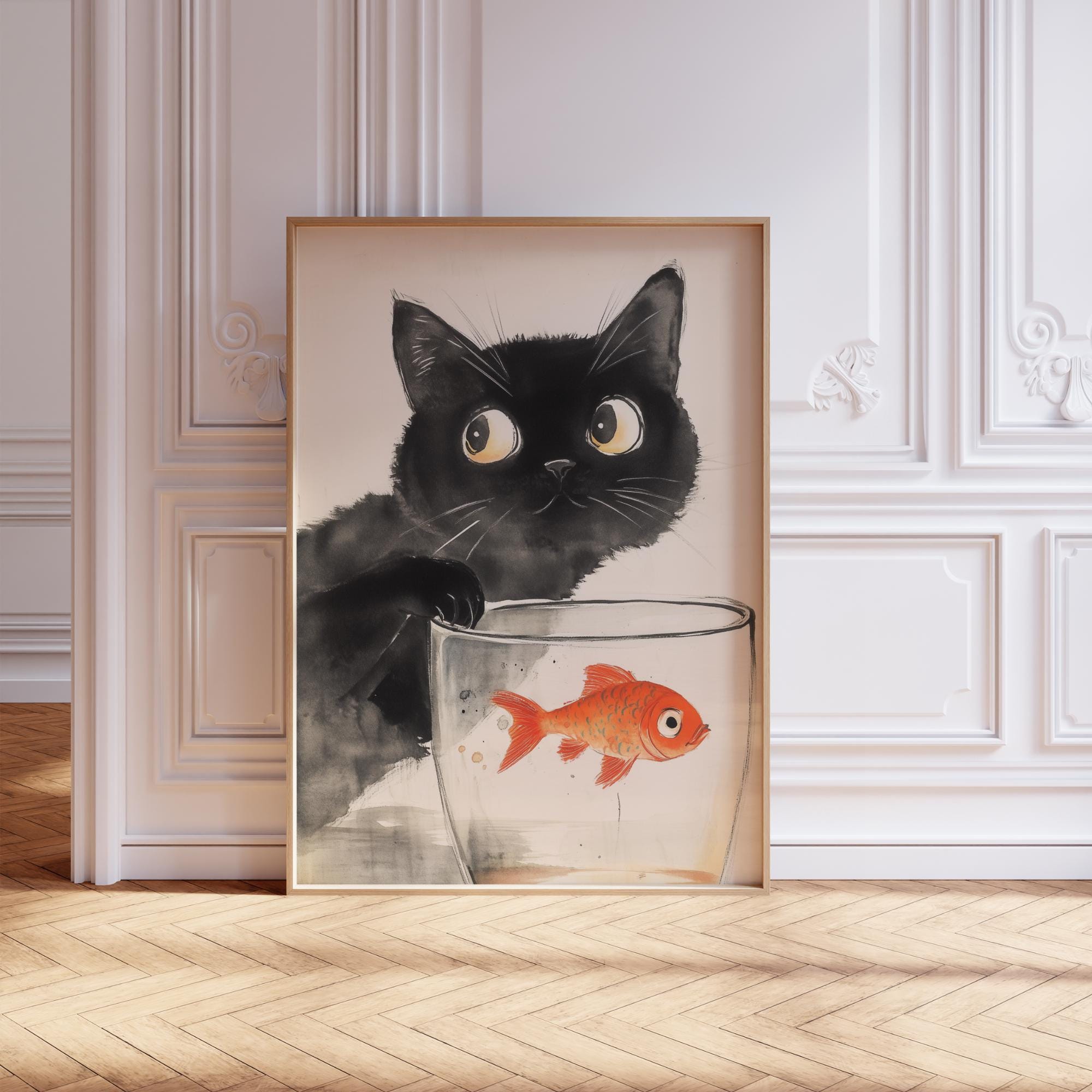 ヴィンテージ黒猫プリント、トレンドの日本アート、ファンキーな猫の