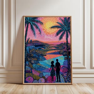 Lebendiges tropisches Sonnenuntergang Bild, Bunte Strand Malerei, Sommer Urlaub Paar Kunst, Palmen Poster, Beachy Landschaft Sonnenaufgang Bild