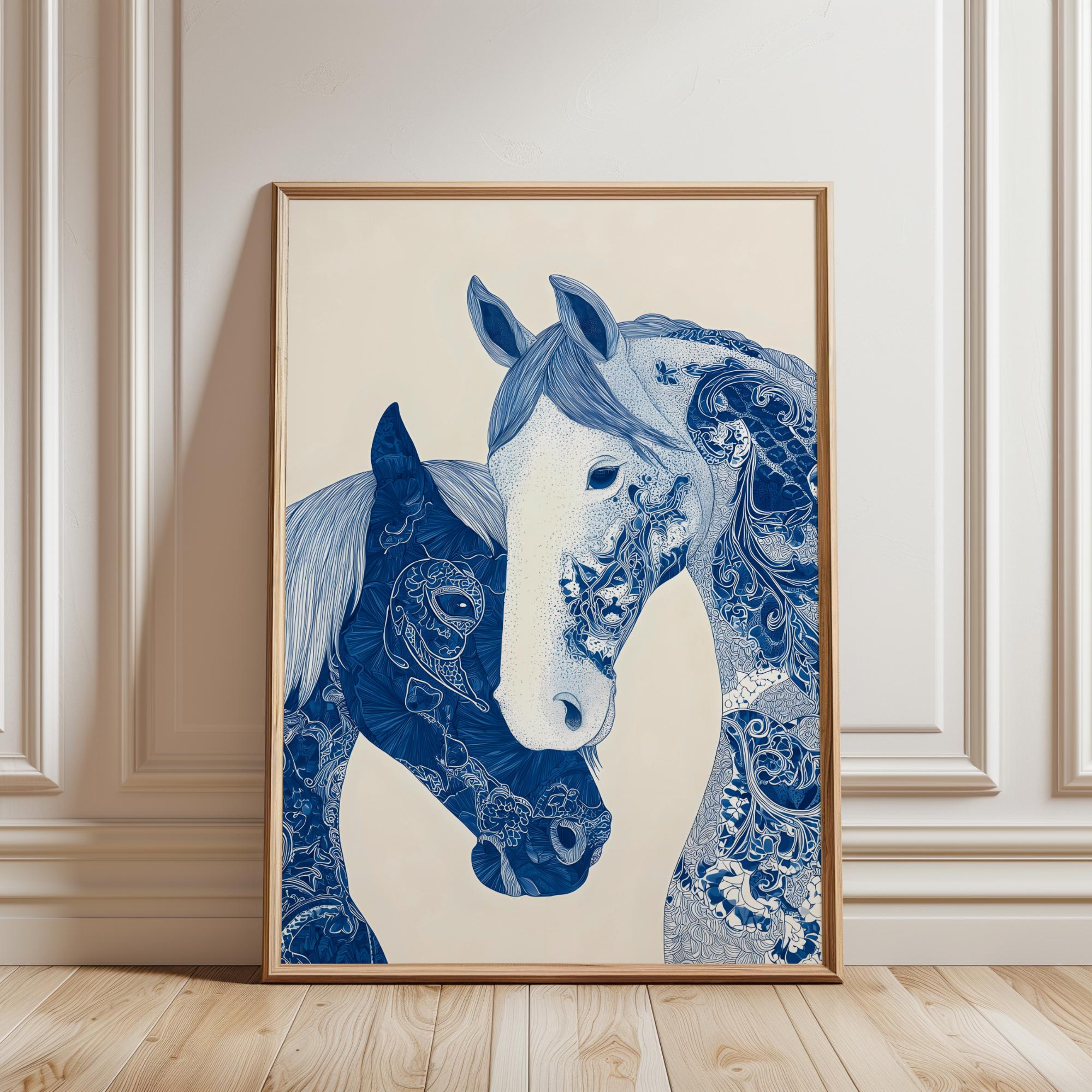 ヴィンテージカップルの馬のプリント、シノワズリ風馬のポスター