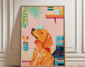 Golden Retriever Matisse Kitchen Art, Eclectic Dog Poster, Coffee Cup Painting Prints, Modern Cafe Poster Sign, Maximalist Breakfast Print