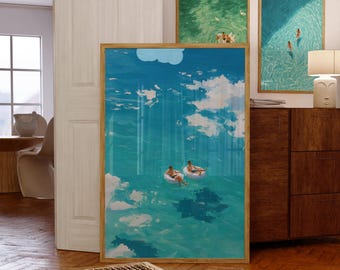 Arte murale retrò raffigurante nuotatori, stampa di nuotatori in spiaggia, stampe di oceani costieri, poster vintage sul mare, dipinto estivo minimalista, decorazioni per il mare