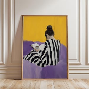 Frau liest Kunst, moderne literarische Druck, ästhetische minimalistische Buchmalerei, gemütliche Leserplakate, Kaffeeliebhaberplakat, Boho-Library Prints