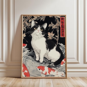 Impresión de gato en blanco y negro, arte japonés con peces koi, grabados en madera con decoración japonesa, carteles de pared botánicos japoneses, póster para amantes de los gatos (JD-21)