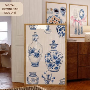 Arte chinoiserie floral, impresión de jarrón de porcelana vintage, obra de arte en maceta de cerámica, decoración de pared con flores azules y blancas, póster de arte asiático para oficina (CH-22)