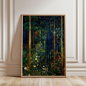 Gustav Klimt Moderne botanische Drucke, bunte abstrakte Naturwandkunst, Waldthema Wohndekor, lebendiges abstraktes Landschaftskunstwerk (GK-10)