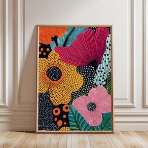 Japandi Blumen Kunst, Japanischer Blumendruck, Lebendige Dschungelblumen Poster, Bunte Tropische Drucke, Botanische Paradies Poster, Punktmalerei