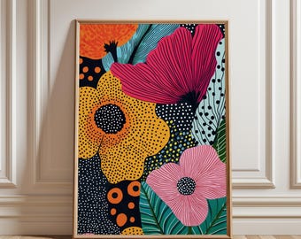 Japandi Flowers Art, Japanese Floral Print, Vibrant Jungle Flower Poster, Colorful Tropical Prints, Botanical Paradise Posters, Dot Painting
