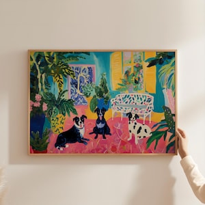 Matisse Horizontal Dog Print, Botanical Houseplant Painting, Modern Maximalist Dogs Poster, Eclectic Animal Prints, House Plant Art Bedroom