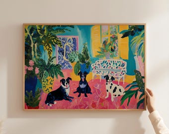 Matisse Horizontal Dog Print, Botanical Houseplant Painting, Modern Maximalist Dogs Poster, Eclectic Animal Prints, House Plant Art Bedroom