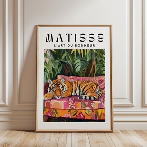 Matisse schlafender Tiger Druck, lebendige tropische Dschungel Poster, exotische Wildtier Kunst, maximalistisches botanisches Poster, vielseitige Tierdrucke
