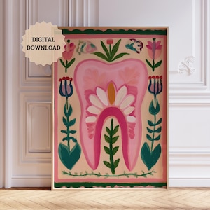 Floral Tooth Anatomy Print, Printable Dentistry Wall Art, Dental Hygienist Flower Poster, Dentist Prints for Clinic, Orthodontist Room Decor