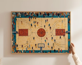 Arte mural de baloncesto concurrido, póster retro de cancha de baloncesto, impresión horizontal abstracta de deportes, impresiones deportivas vintage, pósteres modernos de Game Man