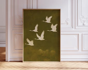鶴のジャパニーズプリント、ヴィンテージの鶴のプリント、ミッドセンチュリーモダンの鳥の絵画、白い鳥のポスター、ミニマリストの日本のアート、緑の壁飾り