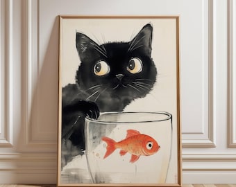 Japanese Black Cat Painting, Funny Goldfish Print, Vintage Animal Nursery Decor, Japandi Wall Art, Fish Bowl Prints, Cats Lover Poster