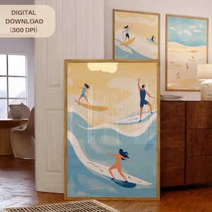 Retro Surf Wall Art, Pastel Surfing Print, Surfer Bedroom Poster, Surfboard Office Posters, Beach Wave Prints, Beachy Decorations (BC-25)