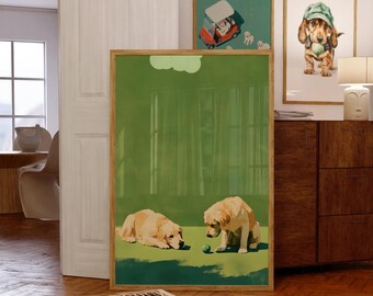 Golden Retriever Golf Prints, Vintage Dog Golfer Art, Retro Golfing Animal Print, Funny Sport Animal Poster, Mid Century Sports Posters