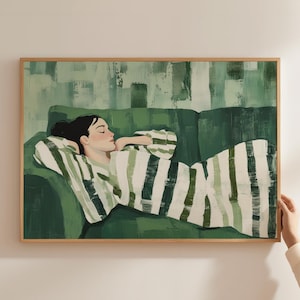 Emerald Green Cozy Prints, Contemporary Wall Poster, Sleeping Stripe Woman Prints, Relaxing Woman Horizontal Art, Feminist Nordic Room Print