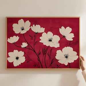Moderne Vintage japanische Blumenkunst, Minimalist Blumen Japandi Poster, Kosmos Blumen Pflanzen Poster, Botanische Pflanzen Blumenkunstwerk Drucke
