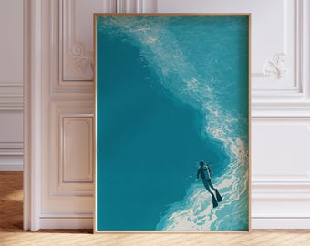 Arte de buceo, impresión de natación en la playa, póster costero retro, impresiones de nadadores oceánicos, decoración de pared marina