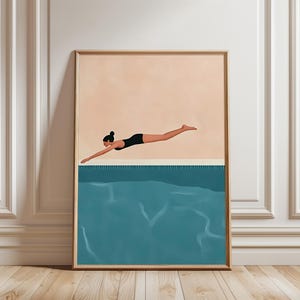 Woman Diving Pool Print, Minimalist Retro Swimming Suit Poster, Diver Aesthetic Summer Art, Swimmer Vintage Prints, Poolside Scene Posters