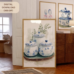 Blauer Blumenglasdruck, Chinoiserie-Keramikwandkunst, französisches Landhausküchendekor, Blumen Aquarellplakat, Bauernhausdekor (CH-16)