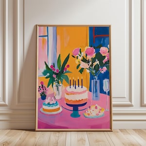 Pintura colorida de un pastel de cumpleaños, impresión vibrante de postres de Matisse, póster de repostería, arte mural de celebración de panaderos, impresiones de jarrones con flores de rosas rosas