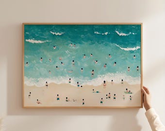 People Swimming Coastal Art, Retro Beach Ocean Print, Swimmer Vintage Poster, Trendy Beachy Summer Posters, Funky Wall Decor