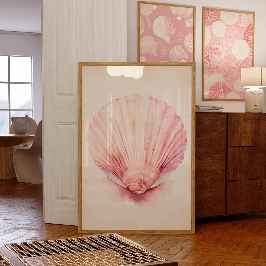 Pink Seashell Wall Art, Watercolor Shell Print, Trendy Coastal Posters ...