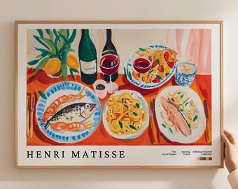 Matisse Cozy Pasta Print, Mediterranean Dining Wall Art, Colorful Italian Dinner Poster, Wine and Seafood Prints, European Food Painting