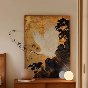 Arte japonés con grulla dorada, ilustración de pájaro blanco, póster de paisaje japonés moderno, obra de arte de las Montañas Rocosas, decoración con pintura de árbol bonsái