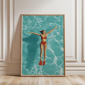 Floating Woman Swimming Pool Poster, Red Swim Suit Aesthetic Print, Retro Swimsuit Art, Poolside Scene Posters, Aesthetic Summer Prints