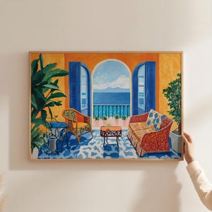 地中海のビーチアート、窓を開けた海岸のプリント、海の抽象的なプリント、夏の海の絵、流行のビーチポスター、海辺の絵画