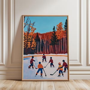 Kids Hockey Wall Art, Outdoor Ice Rink Painting, Skating Sport Nursery Print, Winter Sports Poster, Fall Landscape Prints, Autumn Artwork