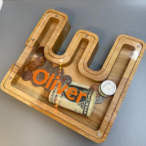 Alcancía de madera personalizada para niños, regalo para niños, alcancía con letras personalizada, decoración para guardería de niños, alcancía de madera con letras, alcancía para niños