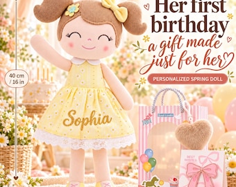 Gloveleya Personalized Spring Doll – Custom Name Soft Baby Doll | 1st Birthday Gift, Baby Shower Present & Keepsake Plush Toy