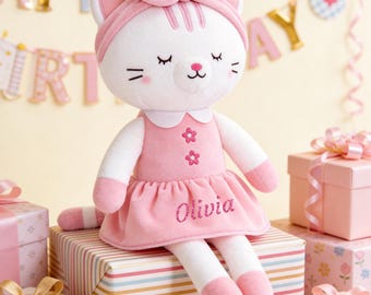 Personalisierte Katze Puppe Benutzerdefinierte Name Plüsch Kätzchen Spielzeug für Kleinkind Mädchen Geburtstag Andenken Baby Shower vorhanden Kinderzimmer Dekor