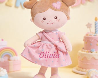 Poupée personnalisée avec nom, cadeau 1er anniversaire pour fille, poupée de chiffon en peluche personnalisée, cadeau de shower de bébé nouveau-né, décoration souvenir de chambre d'enfant