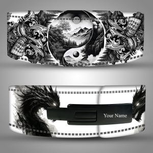 May include: A black and white belt with a yin-yang symbol and a dragon design. The top of the belt features a yin-yang symbol with a mountain landscape. The bottom of the belt features a dragon with the text "Your Name" on the buckle.