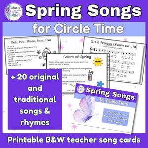 Canzoni per il Circle Time - 20 schede di canzoni in bianco e nero stampabili sui temi primaverili per la scuola materna/PreK/K/1